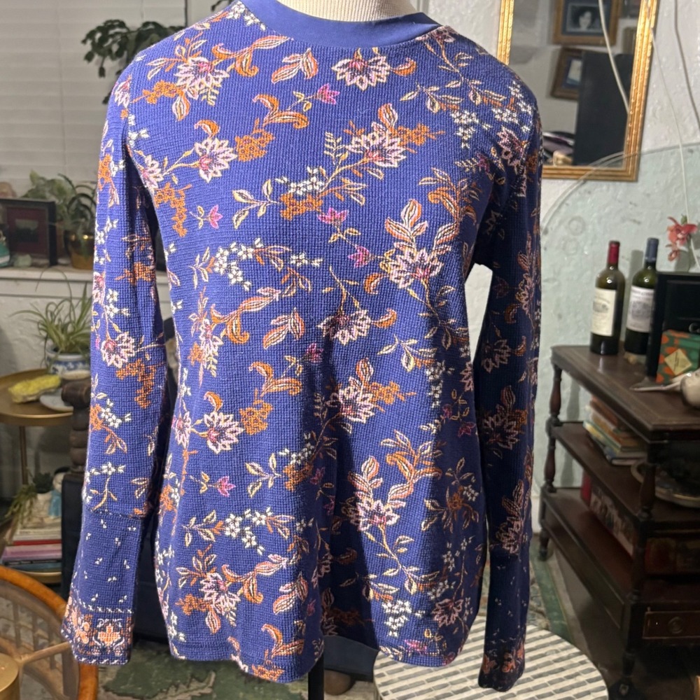 Sundance Blue Floral Thermal Top L Boho Boutique Velvet Trim